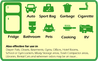 Use anywhere to remove the odors- car, auto, sport bag, garbage, cigarette, cigar, fridge / refrigerator, bathroom, pets, cooking, RV, diaper pails, closets, basements, gyms, offices, hotel rooms, lockers, storage areas, cupboards, rental cars, wherever odors may be problem